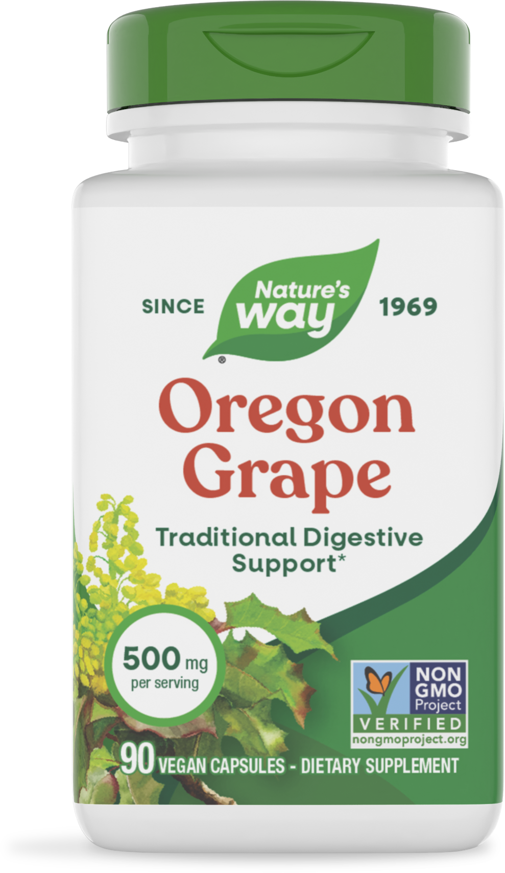 Frasco de Oregon Grape de Nature's Way, 500 mg por porción, 90 cápsulas veganas