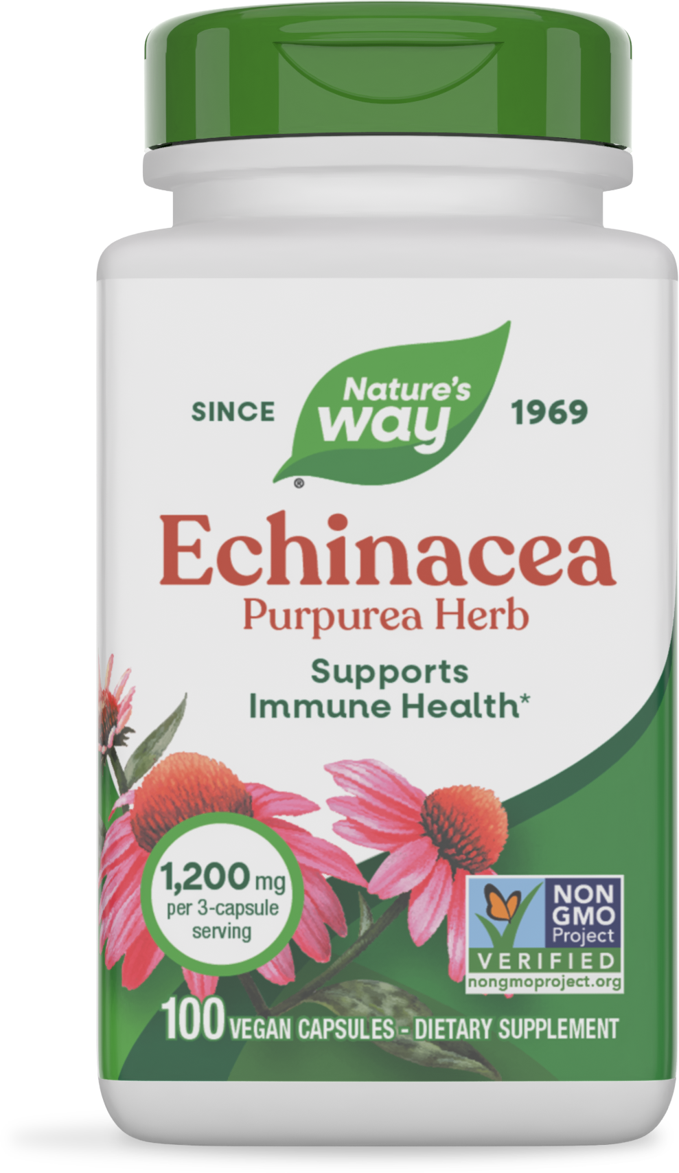 Frasco de Echinacea Purpurea, Nature's Way, 1200 mg por 3 cápsulas, 100 cápsulas veganas