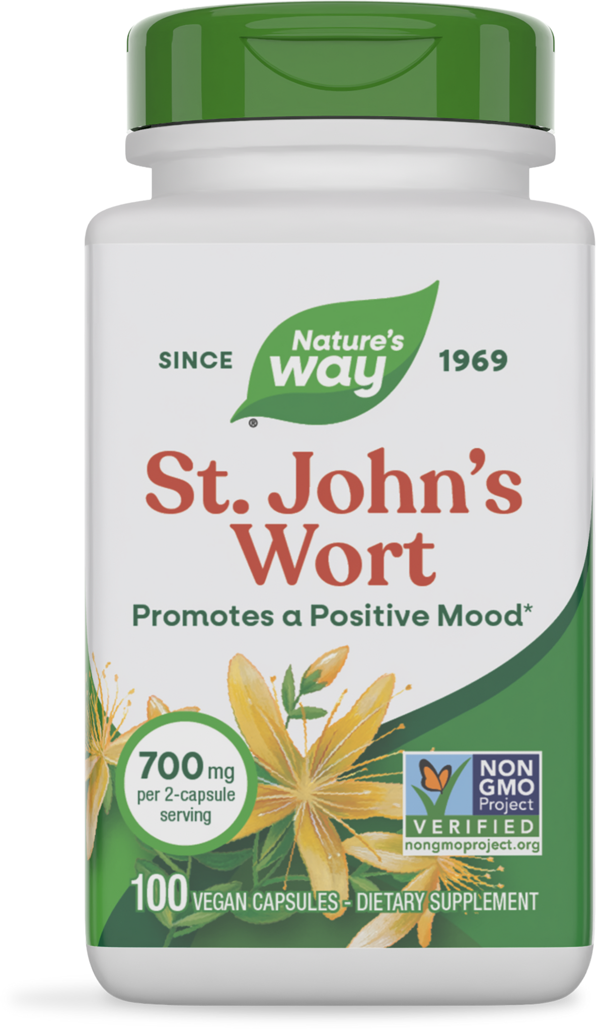 Frasco de St. John's Wort, Nature's Way, 700 mg por 2 cápsulas, 100 cápsulas veganas