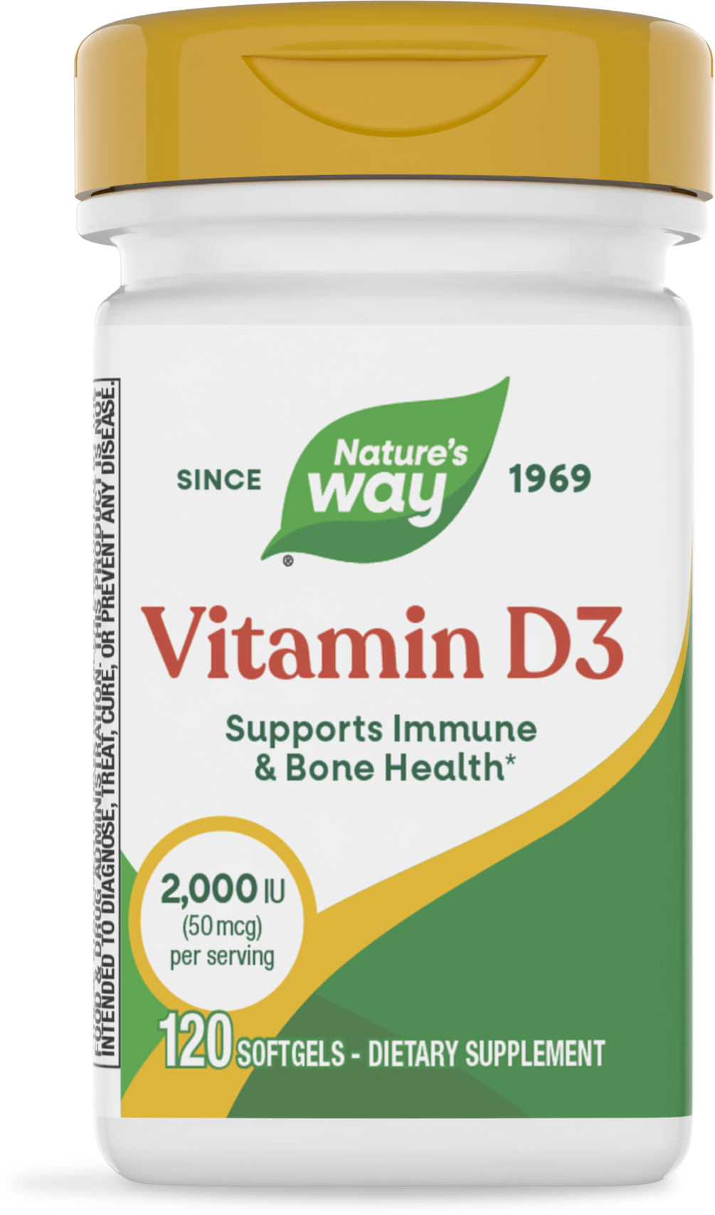 Frasco de Vitamin D3, Nature's Way, 2000 UI (50 mcg) por porción, 120 cápsulas blandas