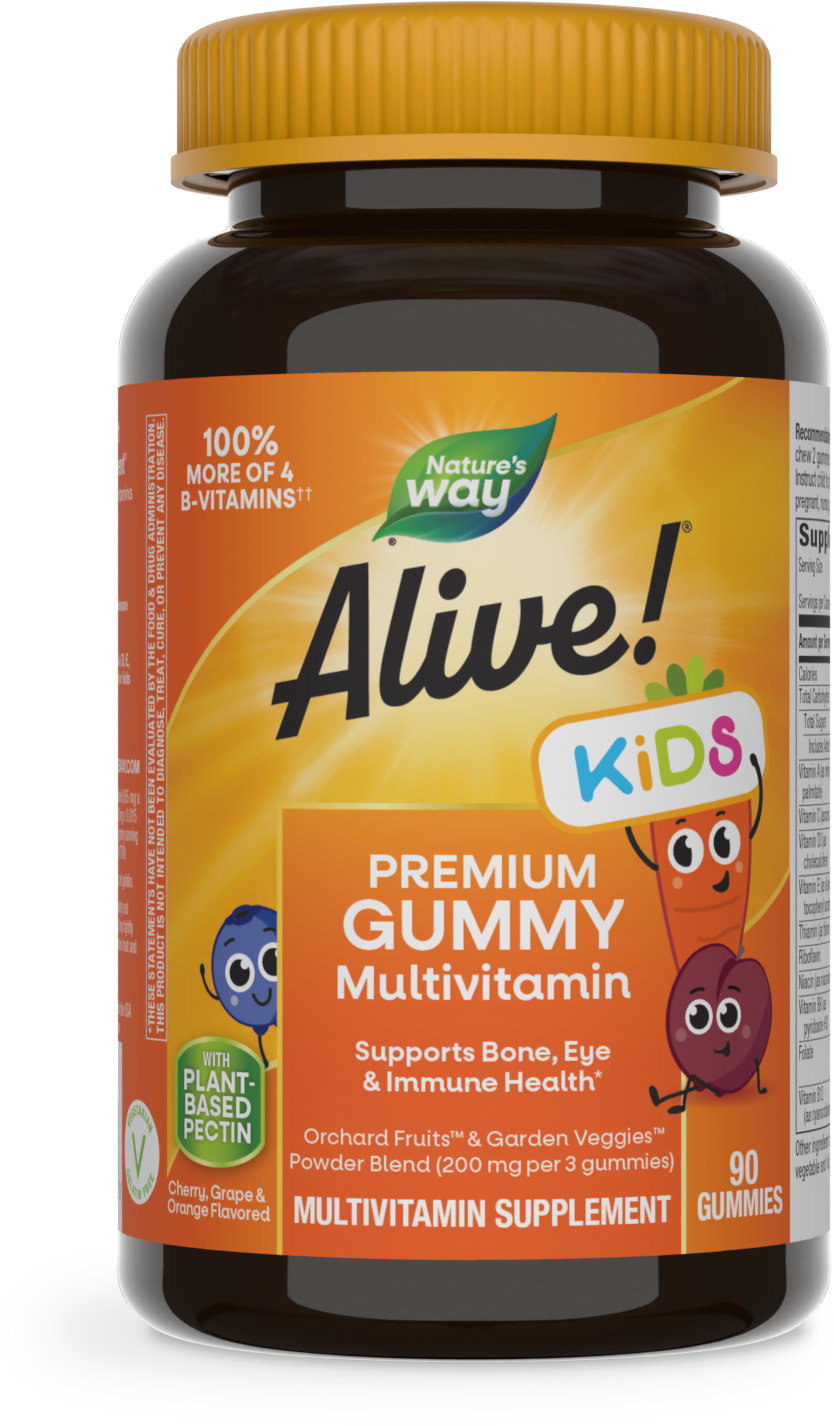 Frasco de Alive! Kids de Nature's Way: gomitas de cereza, uva y naranja, 90 gomitas