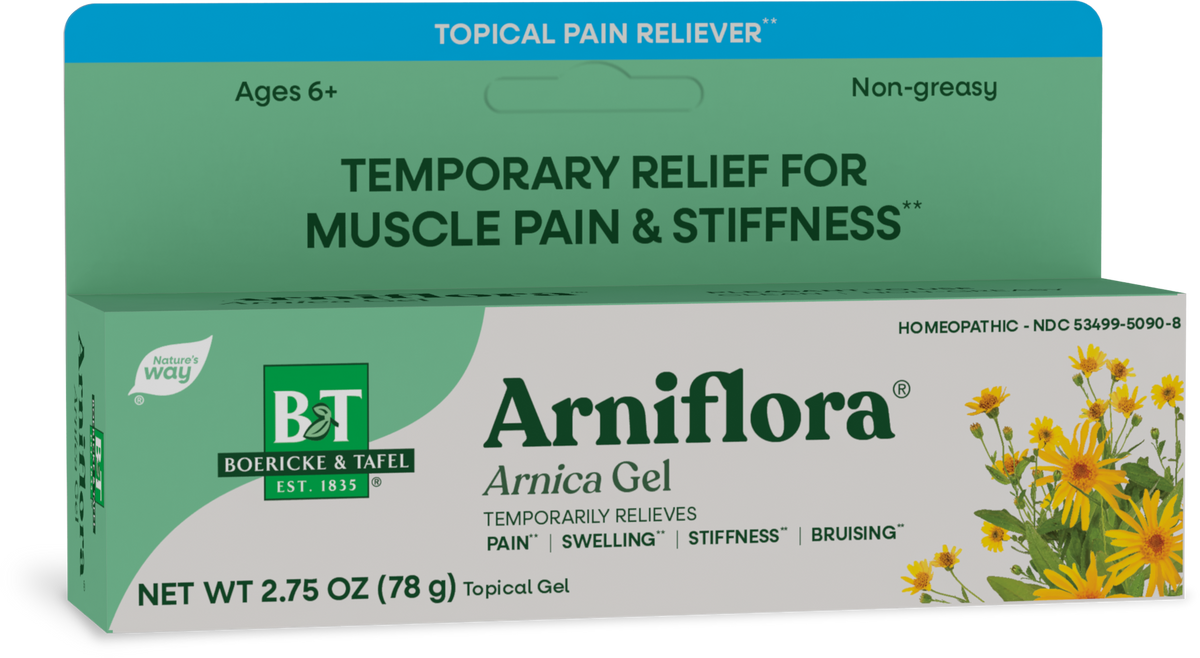 Caja de Arniflora Arnica Gel, Boericke & Tafel, 2.75 oz (78 g), con flores amarillas