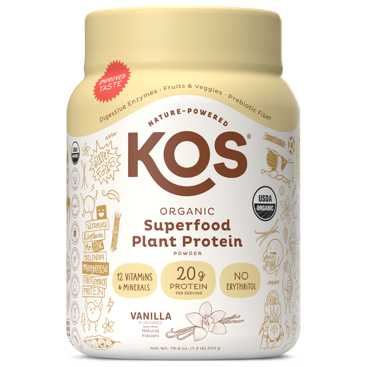 Proteína Vegetal Orgánica KOS Vainilla 20 g por Porción, 15 Porciones (19.6 oz)
