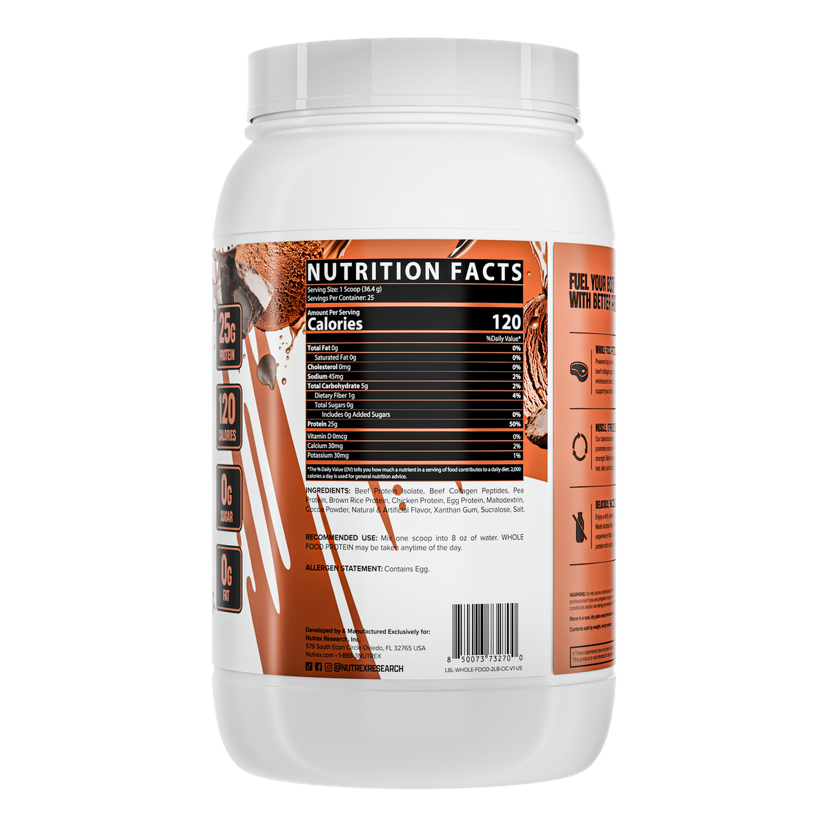 Proteína Nutrex de chocolate, 25 g por scoop, bote de 2 lb