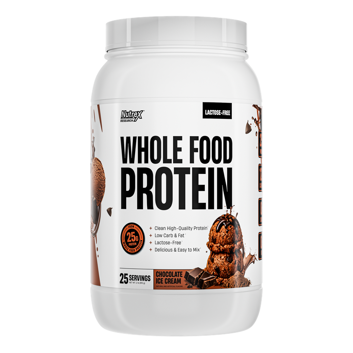 Proteína Nutrex de chocolate, 25 g por scoop, bote de 2 lb