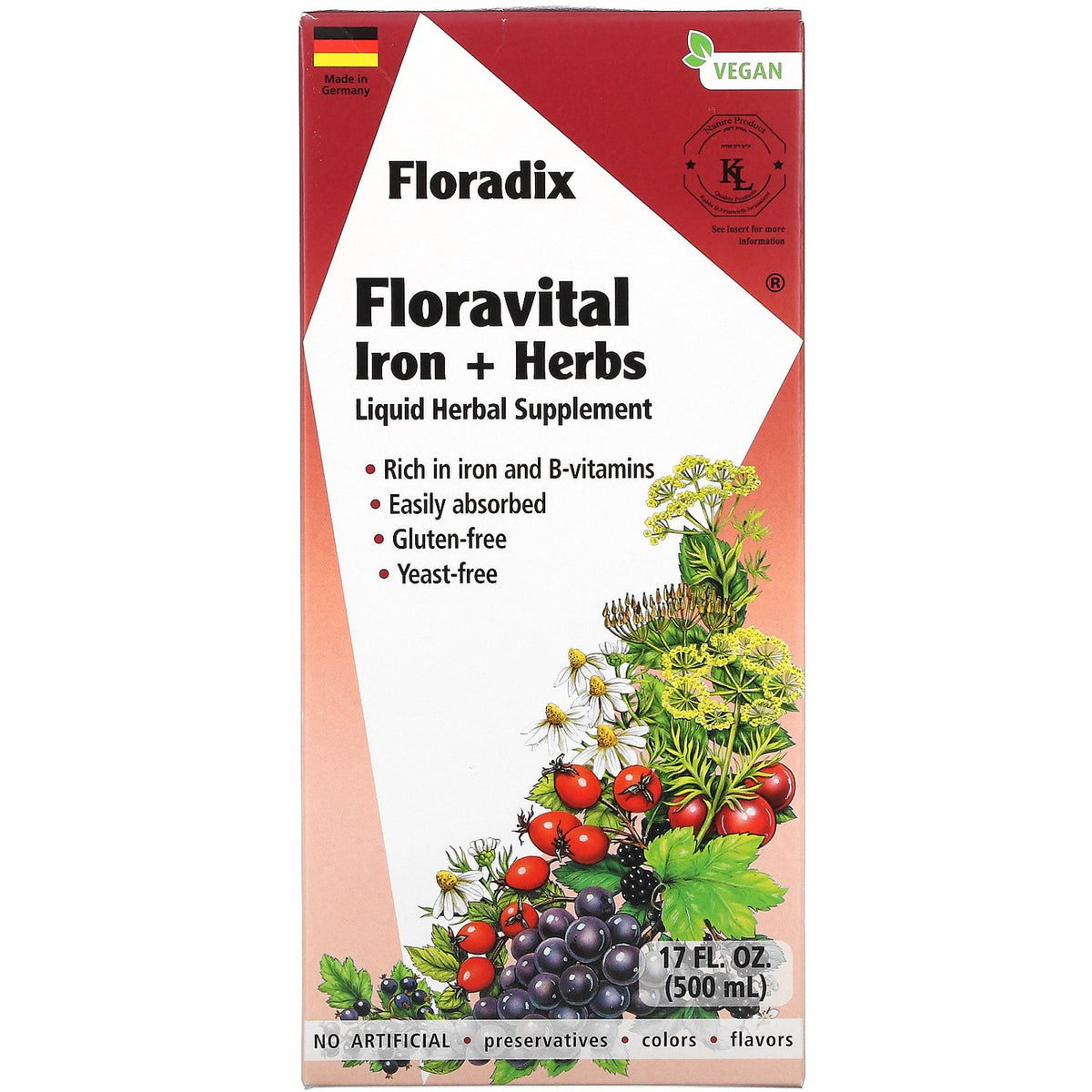 Caja de Floravital Iron + Herbs de Floradix, suplemento líquido de hierbas sin gluten ni levadura, 17 fl oz (500 ml)