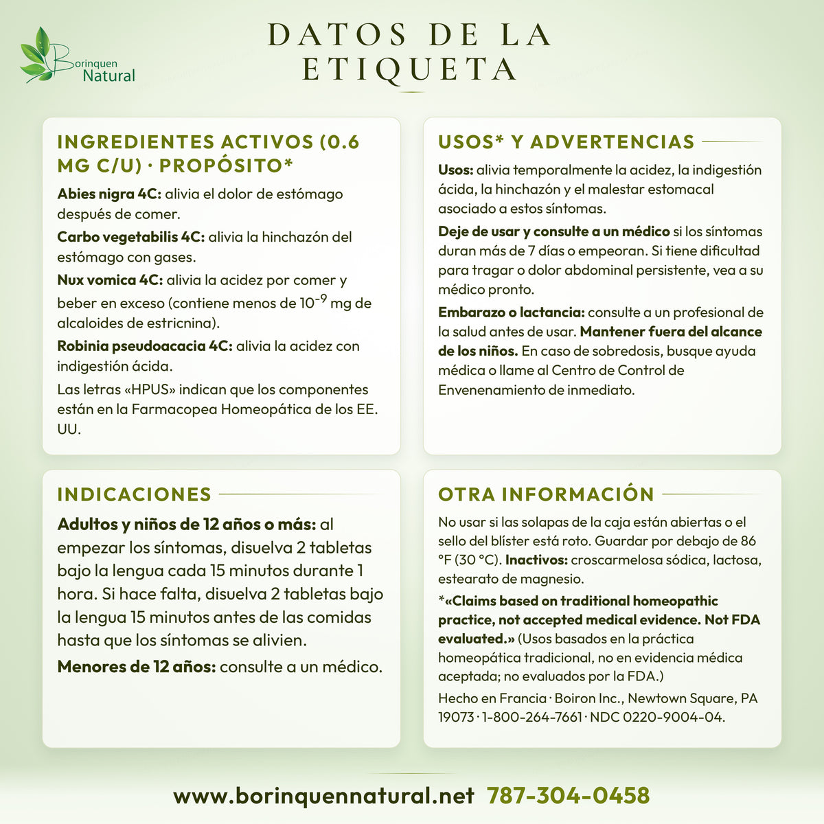 Datos de la etiqueta de Acidil de Boiron: ingredientes activos, usos, advertencias e indicaciones