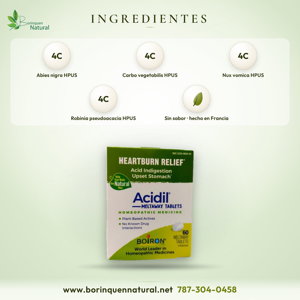 Ingredientes activos de Acidil de Boiron: Abies nigra, Carbo vegetabilis, Nux vomica y Robinia pseudoacacia 4C HPUS