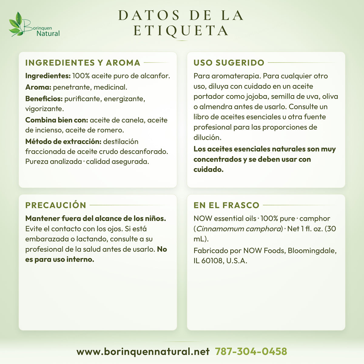 Datos de la etiqueta del aceite de alcanfor NOW: ingredientes, aroma, beneficios, uso sugerido y precaución