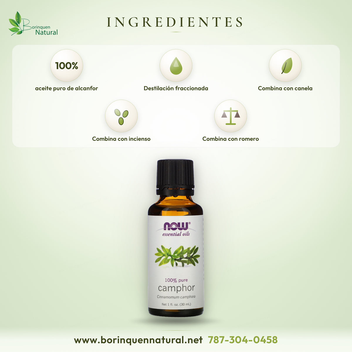 Ingredientes del aceite de alcanfor NOW: 100% aceite puro de alcanfor obtenido por destilación fraccionada