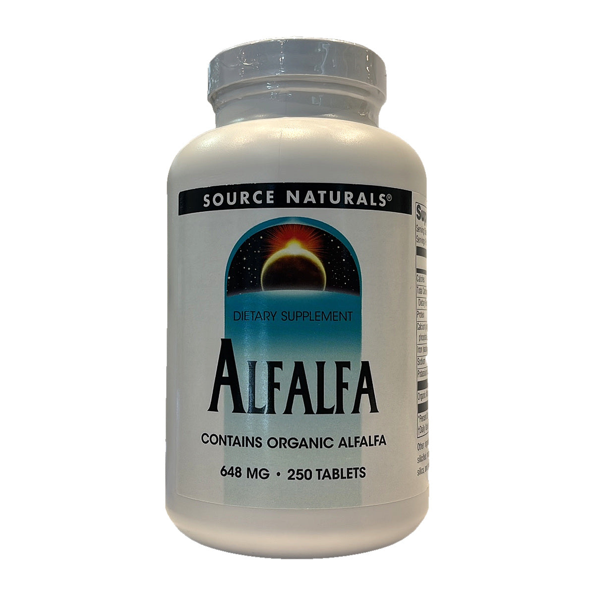 Alfalfa Source Naturals, 648 mg, 250 tabletas: frente real de tienda sobre blanco.