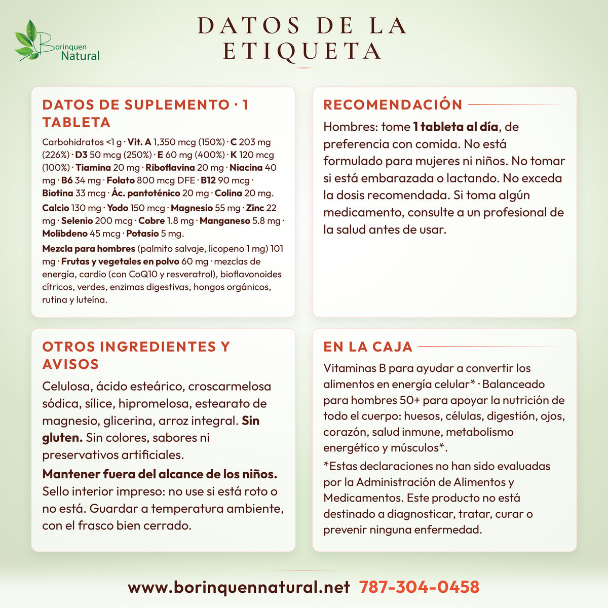 Datos de la etiqueta del Alive! Men's 50+: tabla por tableta, recomendación, otros ingredientes y avisos