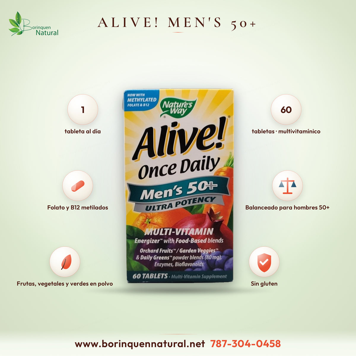 Multivitamínico Alive! Once Daily Men's 50+ Ultra Potency de Nature's Way, caja de 60 tabletas