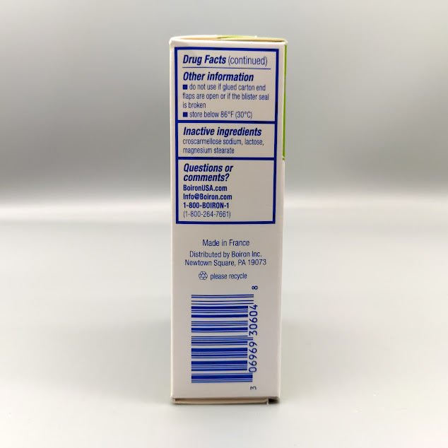 AllergyCalm 60 Tabletas para Alergia y Estornudos PR de Boiron — vista posterior del envase