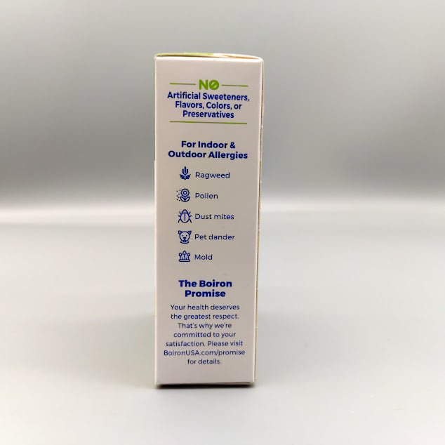 AllergyCalm 60 Tabletas para Alergia y Estornudos PR de Boiron — vista lateral del envase