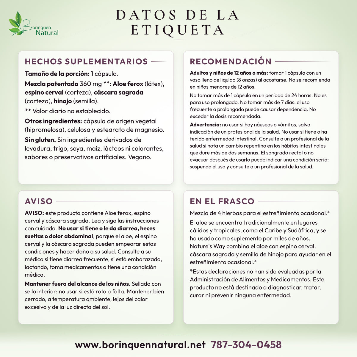 AloeMaxLax label facts graphic: supplement facts, recommendation, notice and FDA note