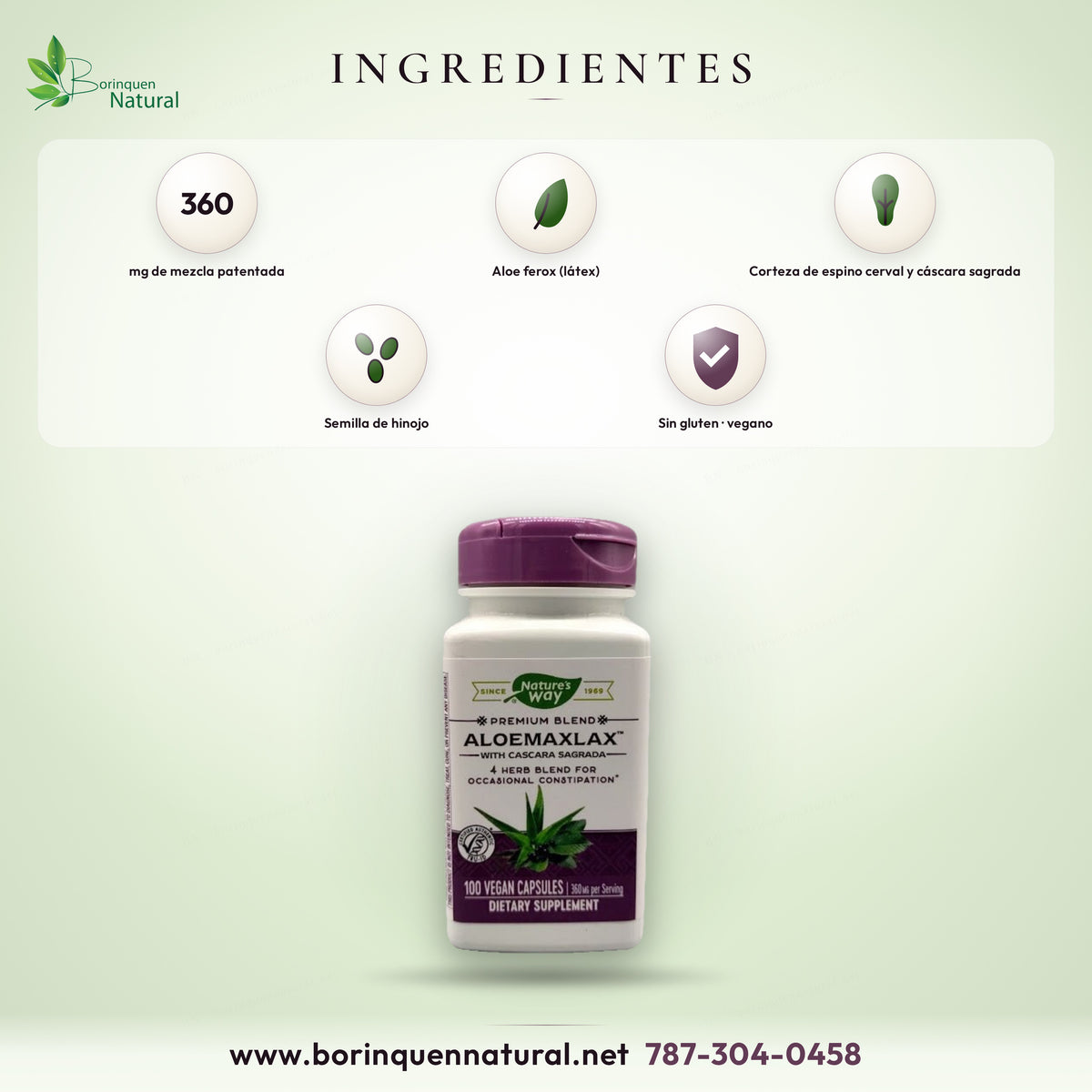 AloeMaxLax ingredients graphic: 360 mg blend of Aloe ferox (latex), buckthorn, cascara sagrada and fennel