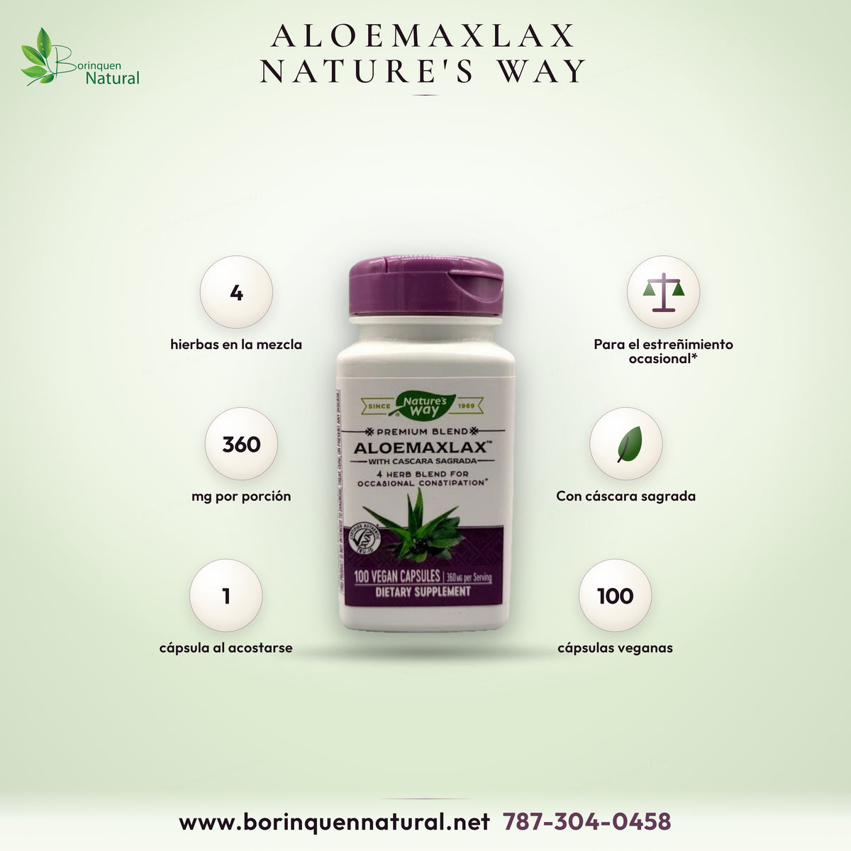 Lámina de AloeMaxLax Nature's Way: 4 hierbas, 360 mg por porción, 1 cápsula al acostarse, 100 cápsulas veganas