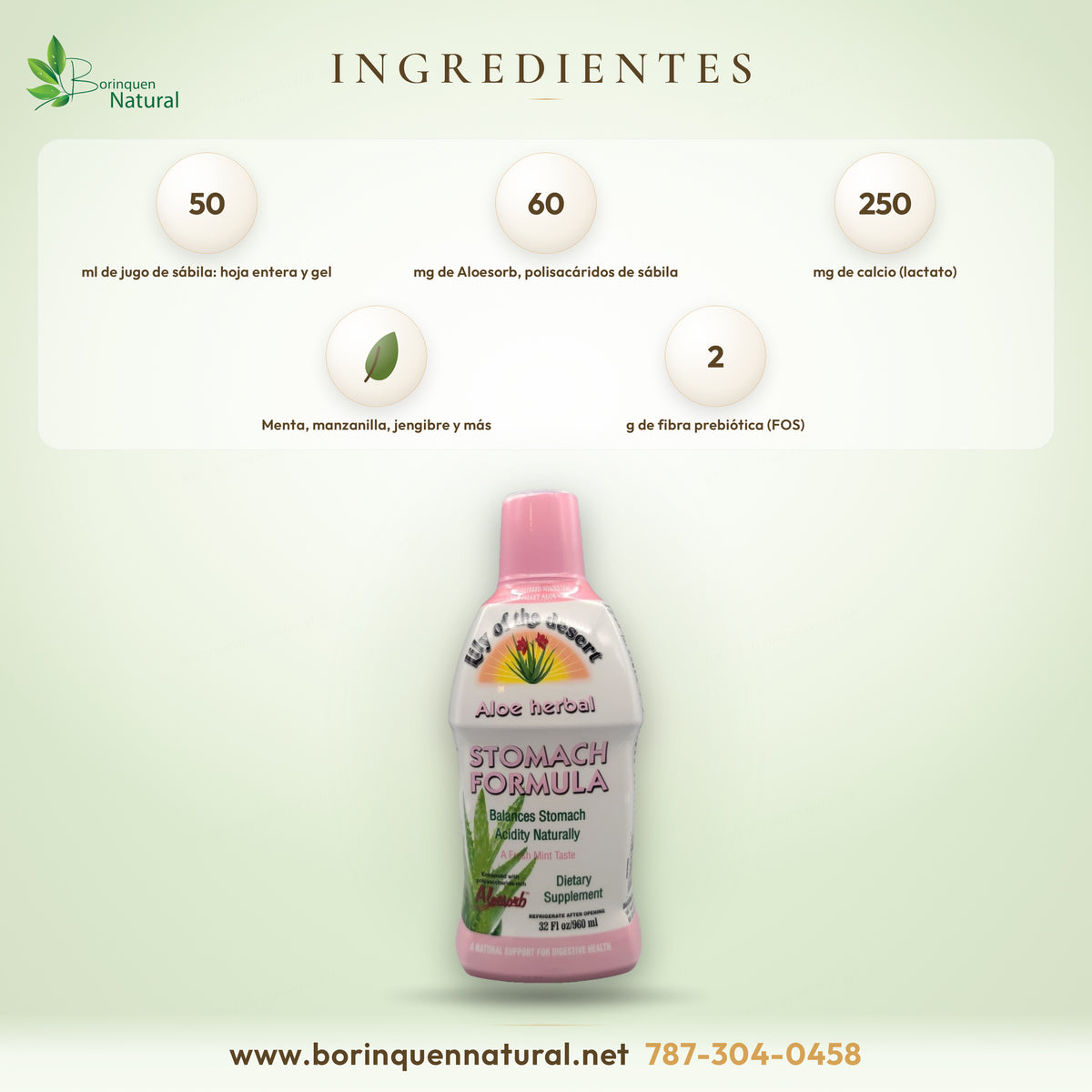 Ingredientes del Aloe Herbal Stomach Formula: jugo de sábila orgánica, Aloesorb, calcio y nueve hierbas
