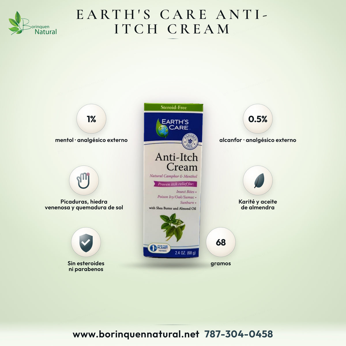Crema anti-picor Earth's Care con alcanfor y mentol naturales, manteca de karité y aceite de almendra, 2.4 oz