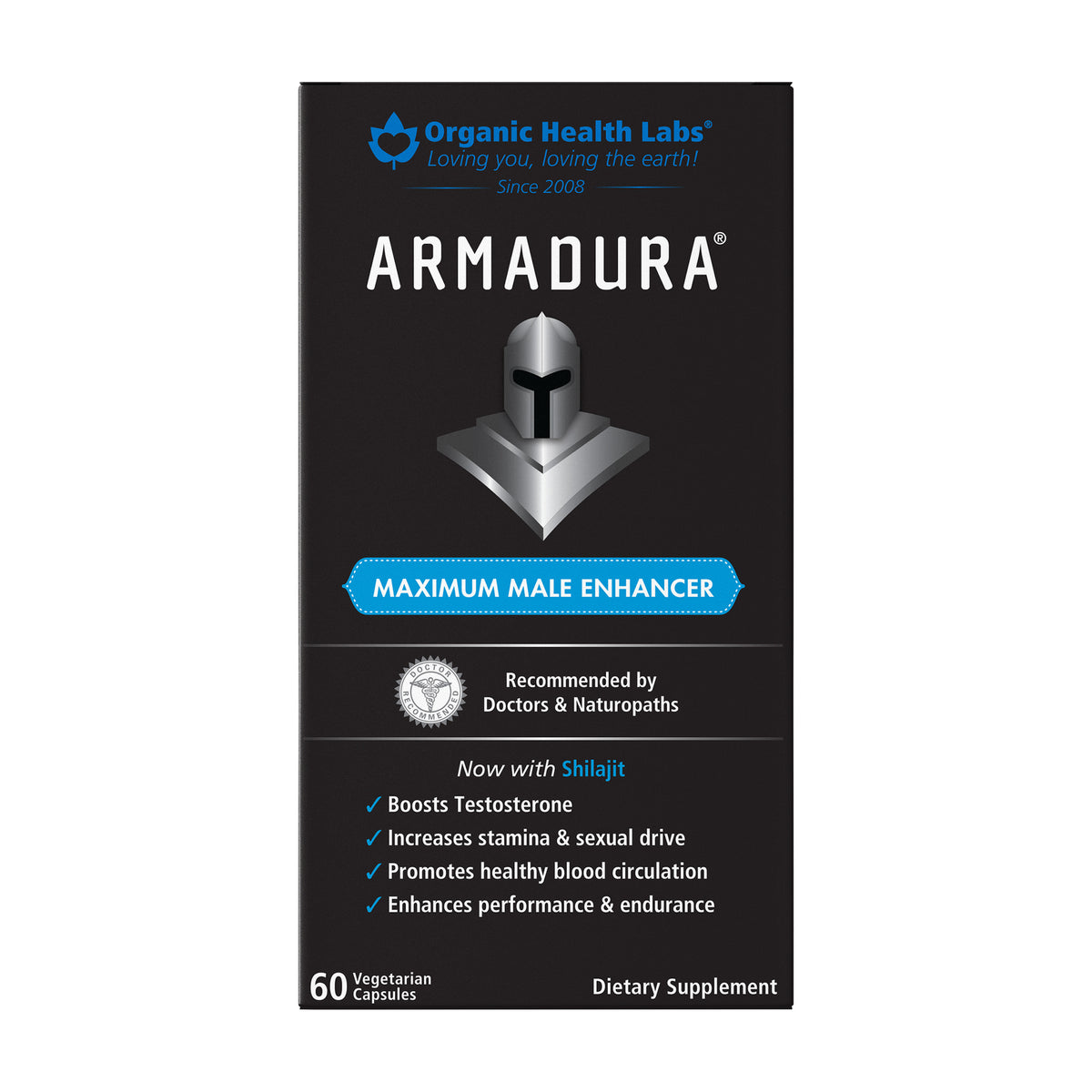 Caja de Armadura de Organic Health Labs con Shilajit, 60 cápsulas vegetarianas, suplemento dietético, frente