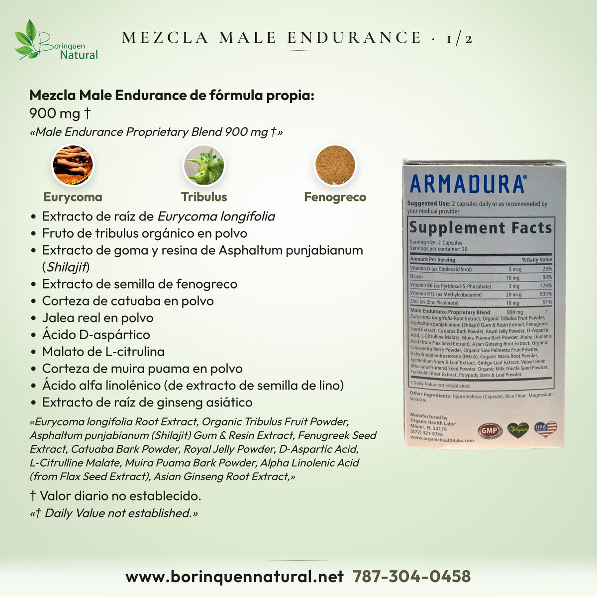 Mezcla Male Endurance de Armadura, 1 de 2: raíz de Eurycoma longifolia, tribulus, shilajit, fenogreco, catuaba y otros