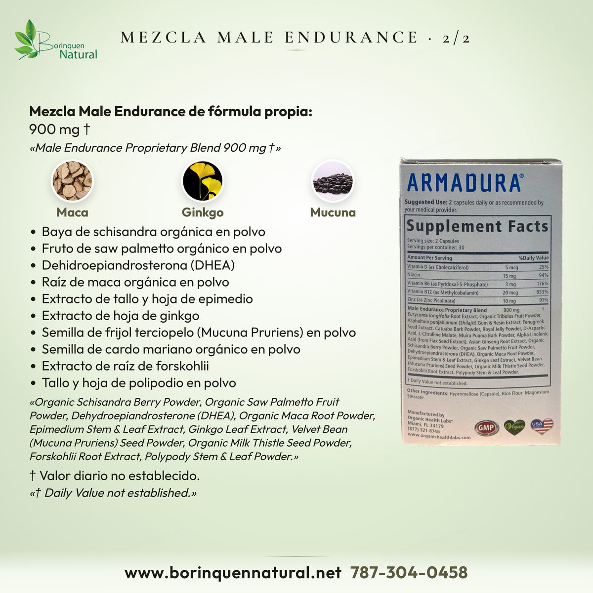 Mezcla Male Endurance de Armadura, 2 de 2: schisandra, saw palmetto, DHEA, maca, epimedio, ginkgo, mucuna y otros