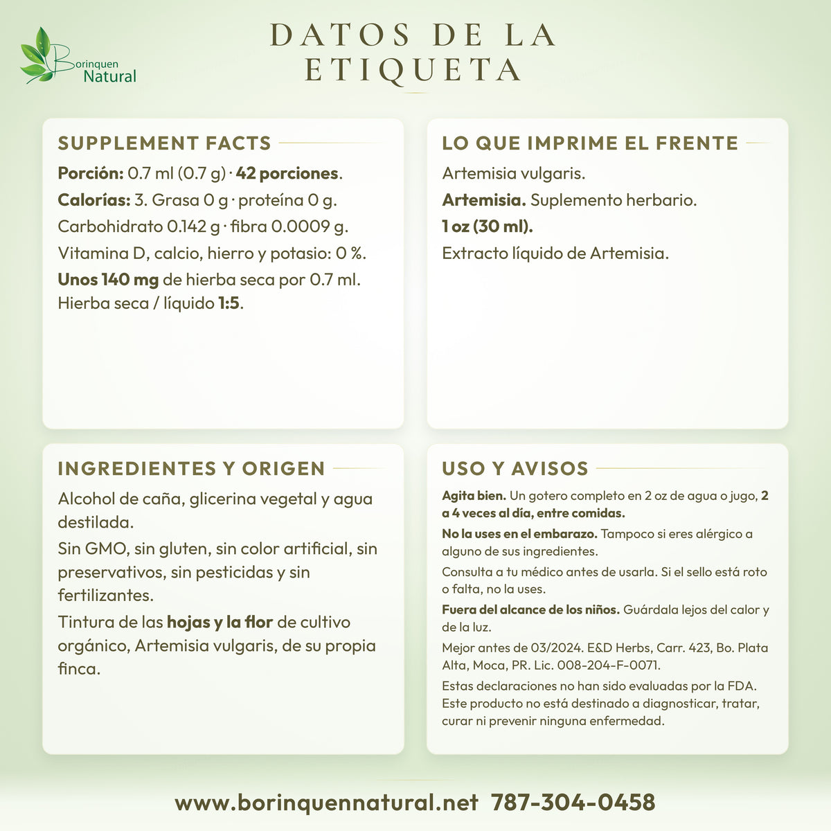 Datos de la etiqueta de Artemisia E&D: facts, uso y avisos