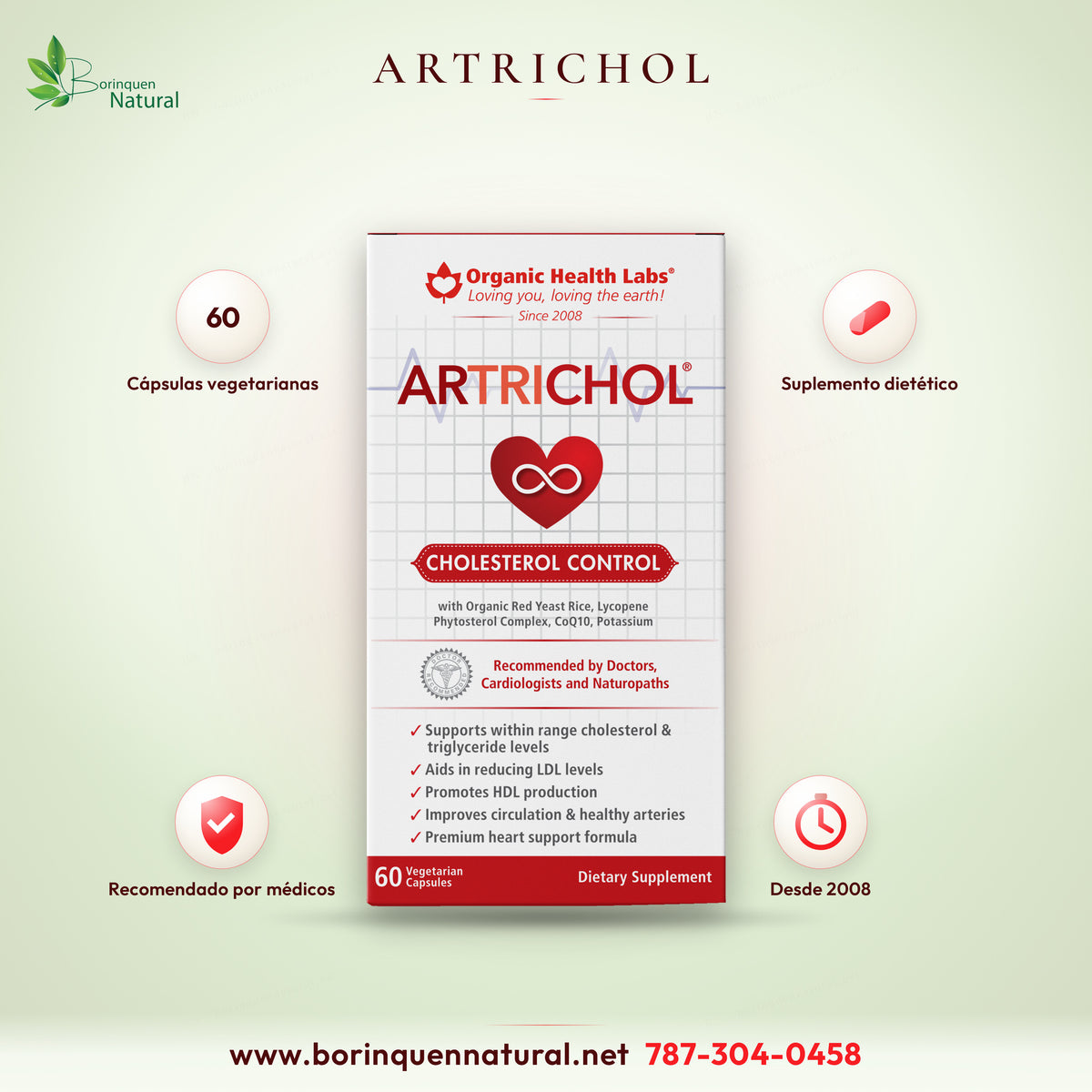 Artrichol de Organic Health Labs con levadura roja de arroz orgánica, licopeno, fitoesteroles y CoQ10, caja de 60 cápsulas vegetarianas