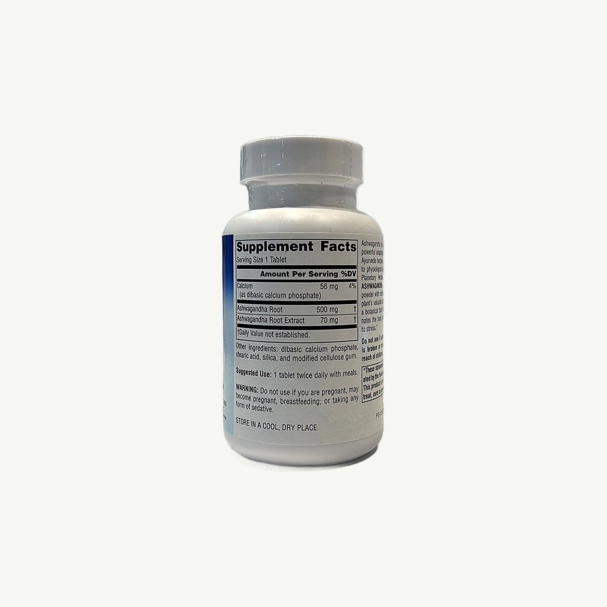 Frasco de Full Spectrum Ashwagandha, foto real de la tienda: Supplement Facts, otros ingredientes, uso y advertencia
