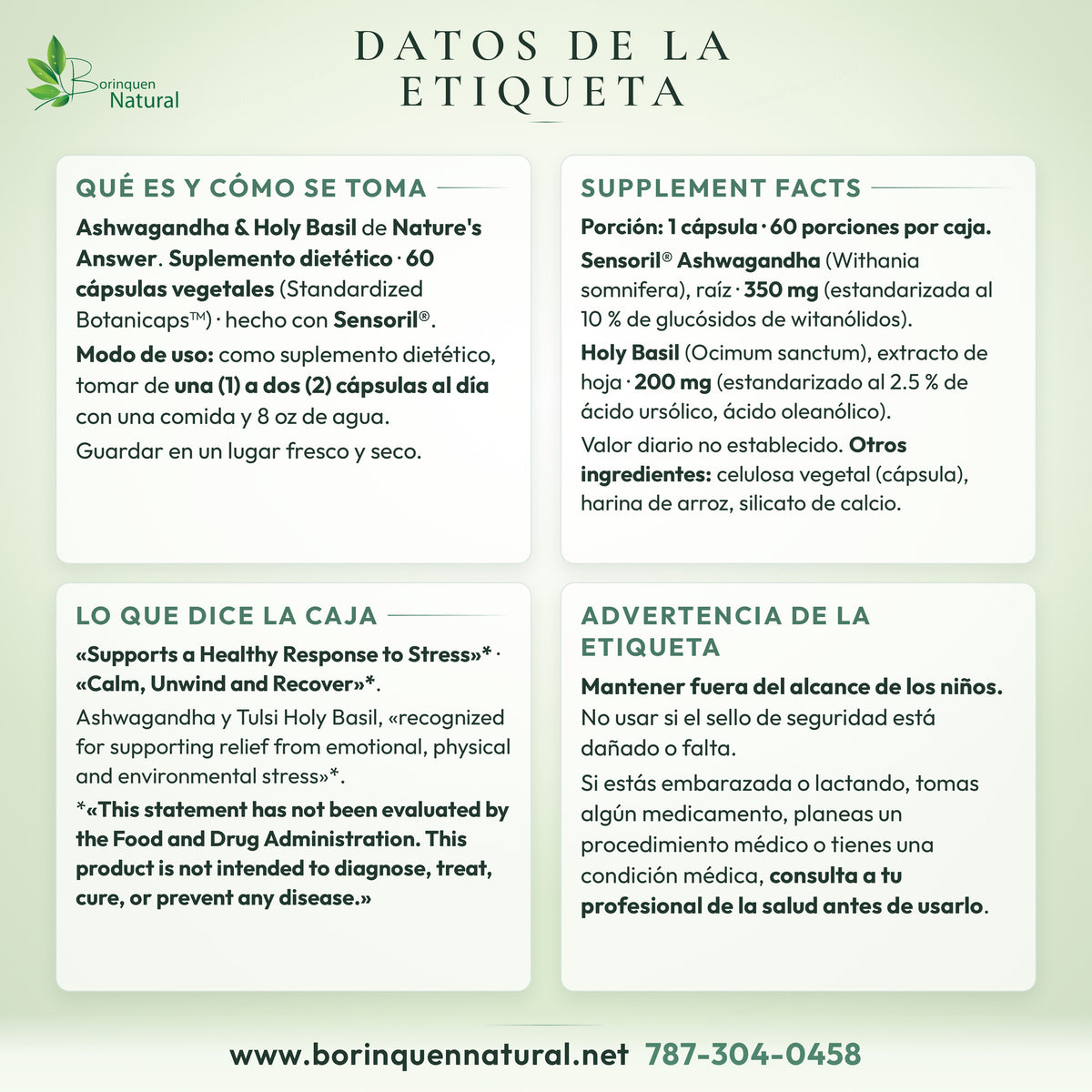 Caja de Ashwagandha & Holy Basil de Nature's Answer: Supplement Facts, modo de uso, ingredientes y advertencias