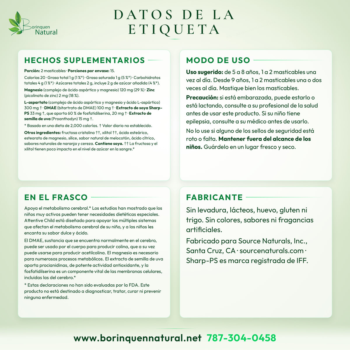 Datos de la etiqueta de Attentive Child: hechos suplementarios, modo de uso, precaución y lo que dice el frasco