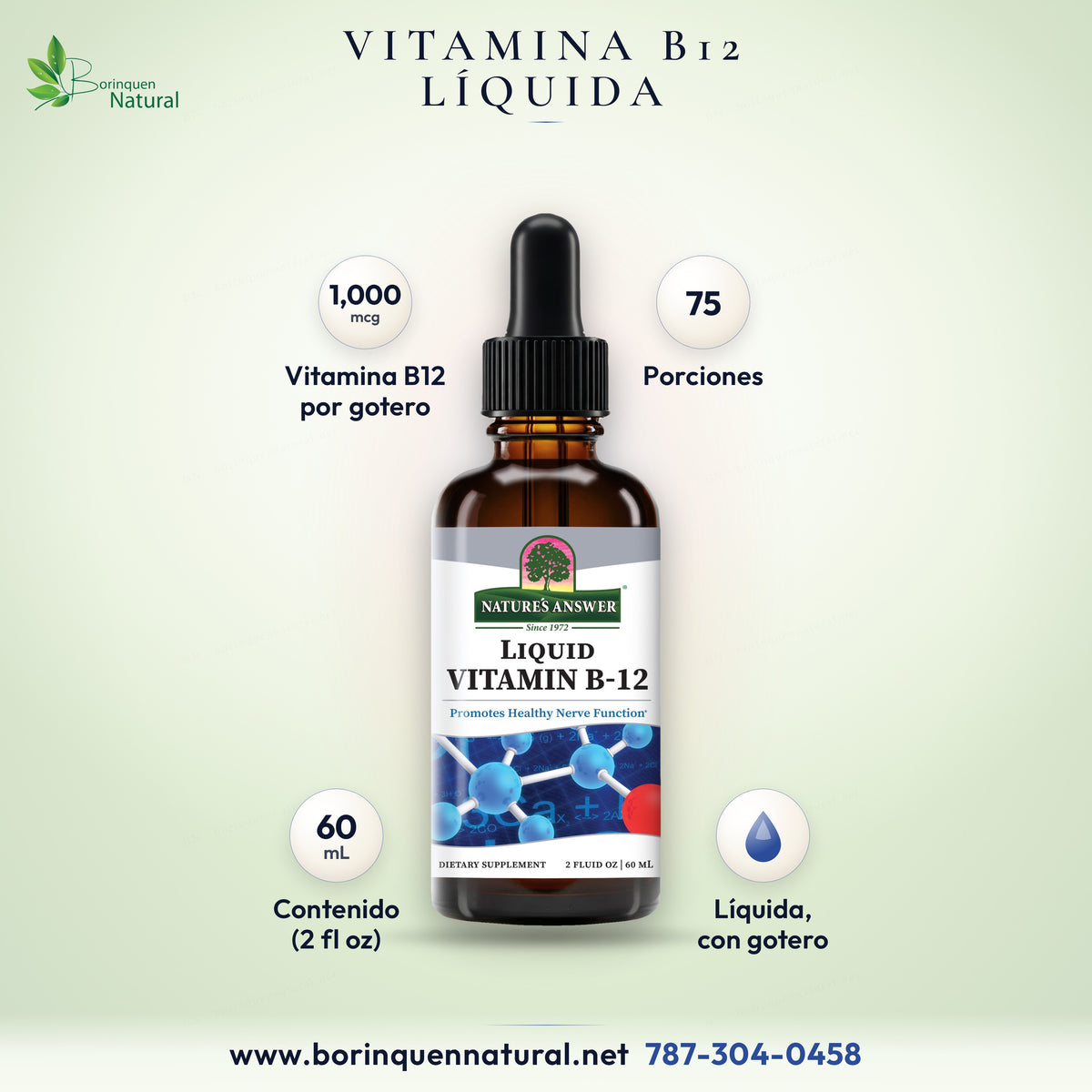 Vitamina B12 líquida de Nature's Answer, 1,000 mcg por gotero, frasco de 2 oz (60 mL)
