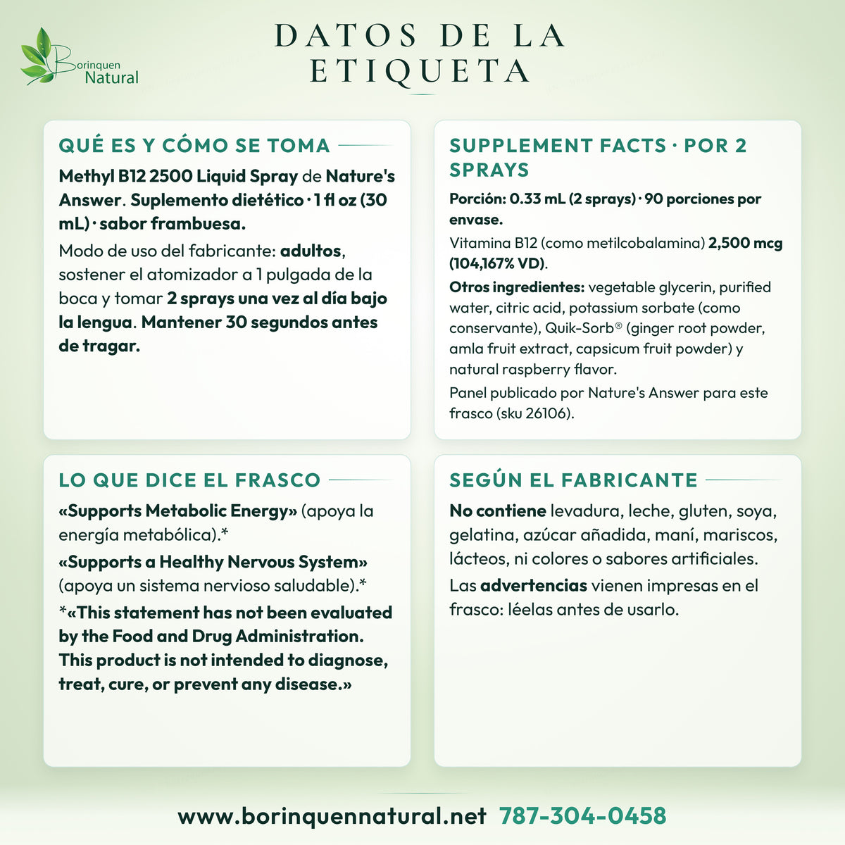 Datos del Methyl B12 2500 Liquid Spray de Nature's Answer: Supplement Facts, modo de uso, otros ingredientes y lo que dice el frasco