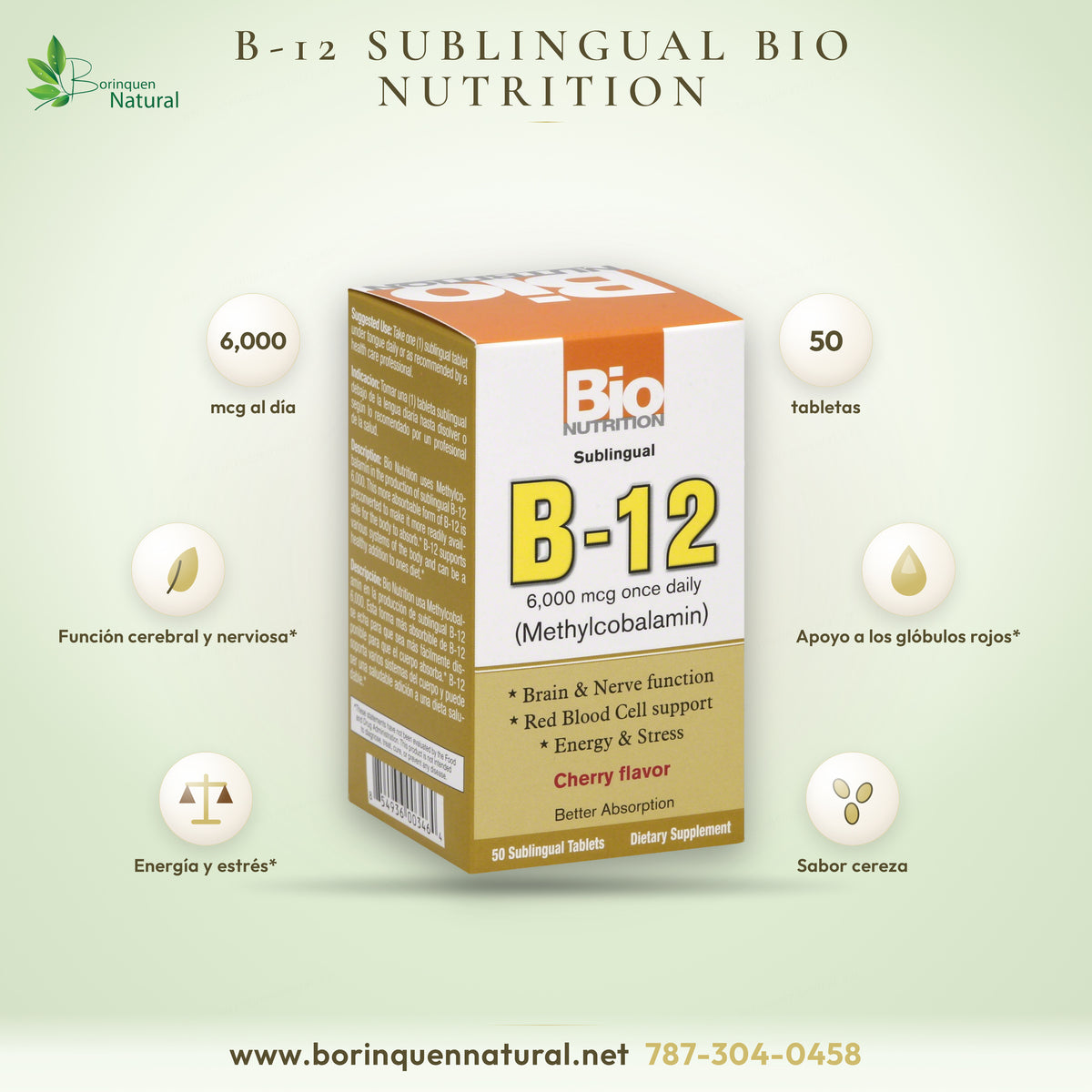 Vitamina B-12 sublingual de Bio Nutrition, 6,000 mcg de metilcobalamina, caja de 50 tabletas sabor cereza