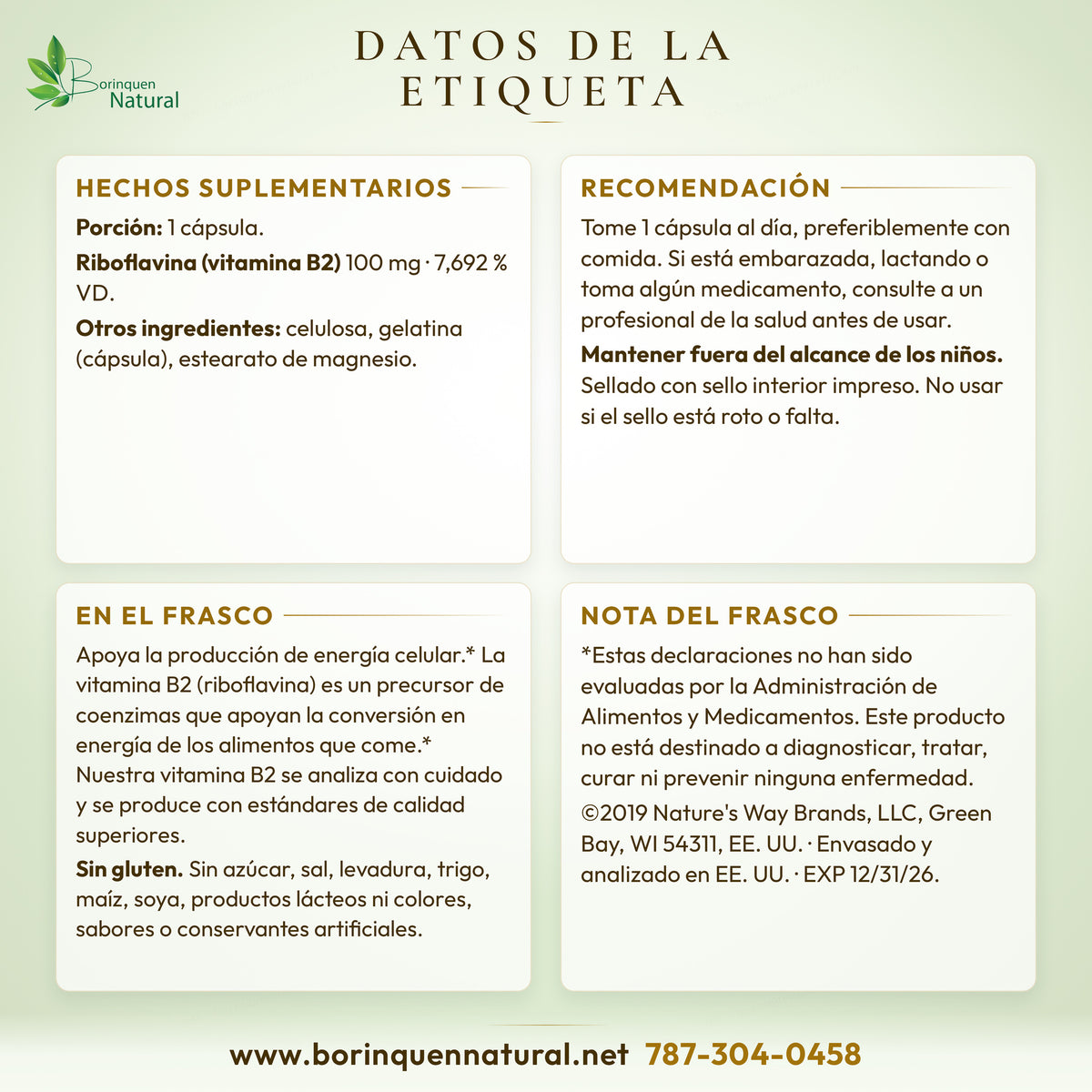 Datos de la etiqueta de la vitamina B2 Nature's Way: hechos suplementarios, recomendación y avisos