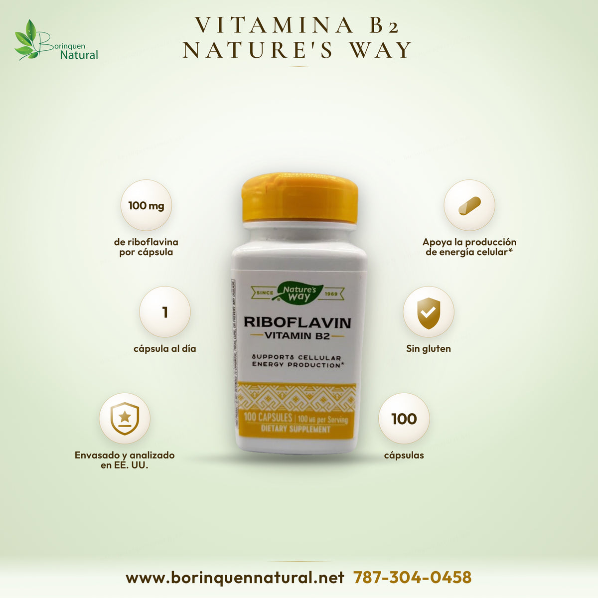 Riboflavina (vitamina B2) de Nature's Way, 100 mg por cápsula, frasco de 100 cápsulas