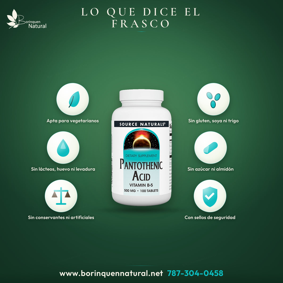 Pantothenic Acid de Source Naturals: apta para vegetarianos, sin levadura, lácteos, huevo, gluten, soya ni trigo, sin azúcar, almidón ni conservantes, sin colores, sabores o fragancias artificiales