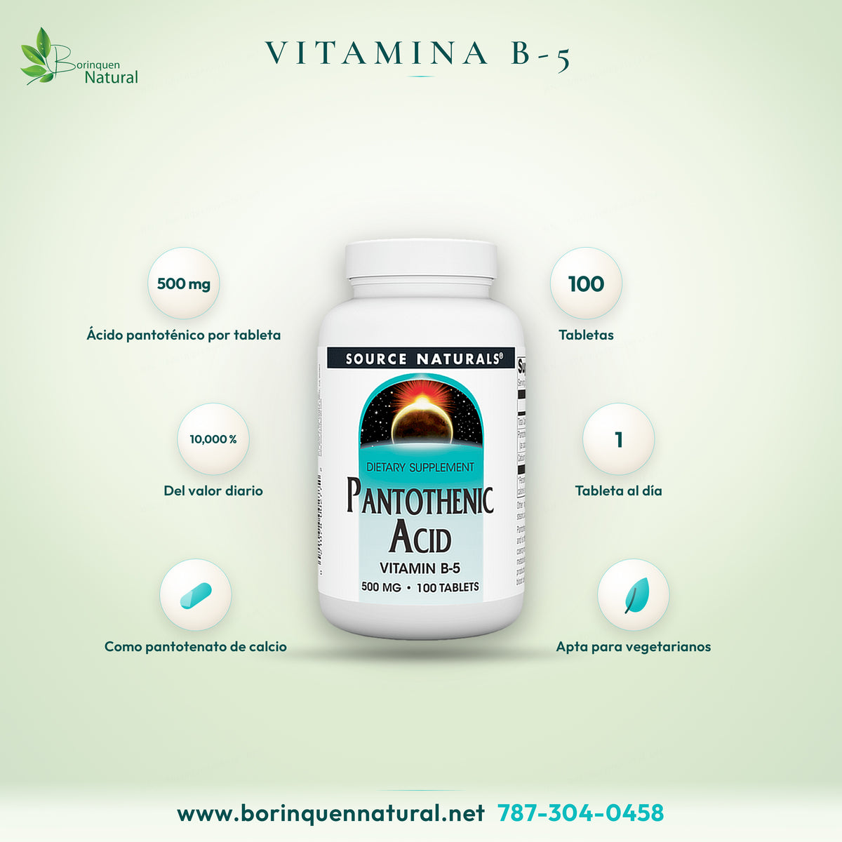 Pantothenic Acid, vitamina B-5 de Source Naturals, 500 mg por tableta, frasco de 100 tabletas