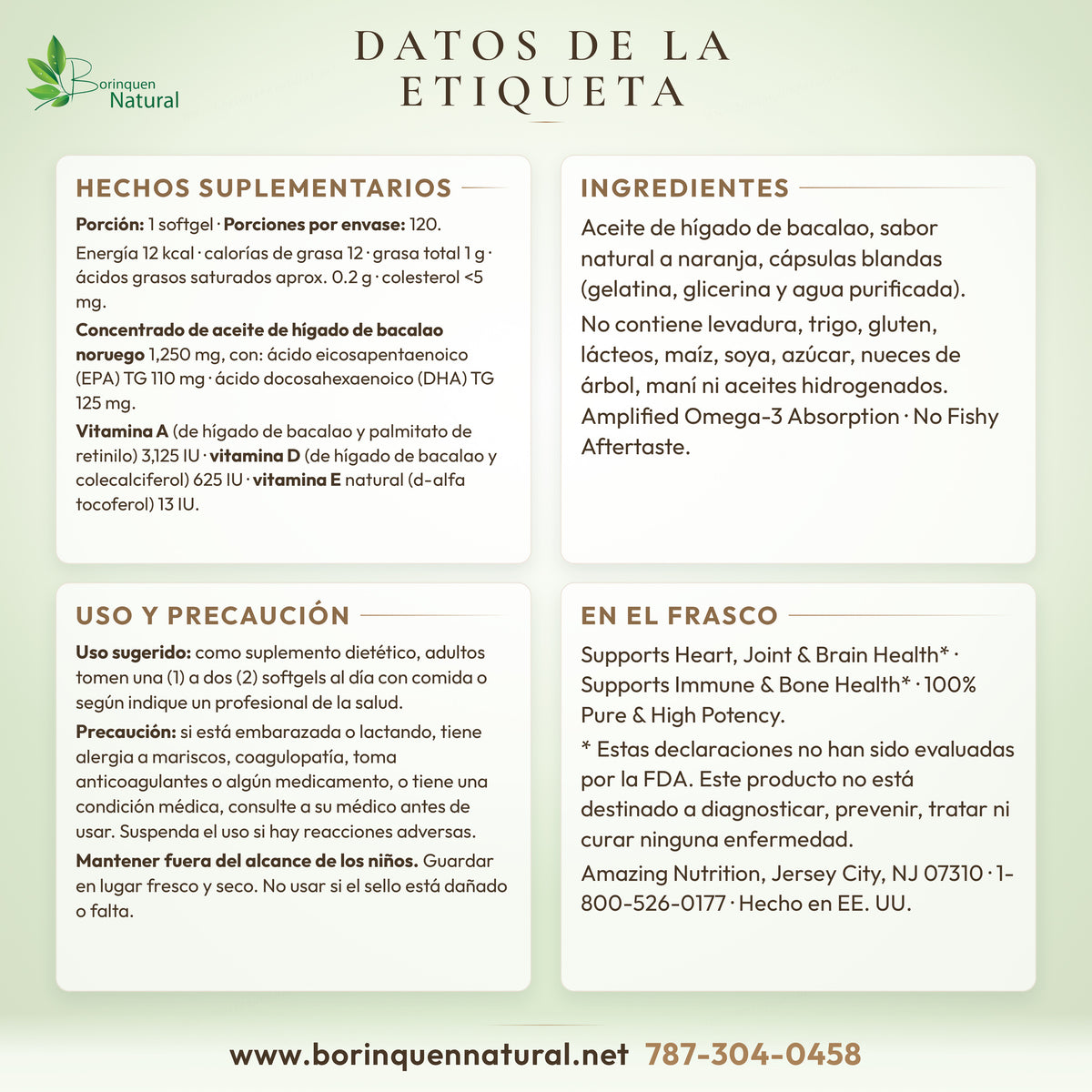 Datos de la etiqueta del aceite de bacalao Amazing Omega: hechos suplementarios, uso y advertencias