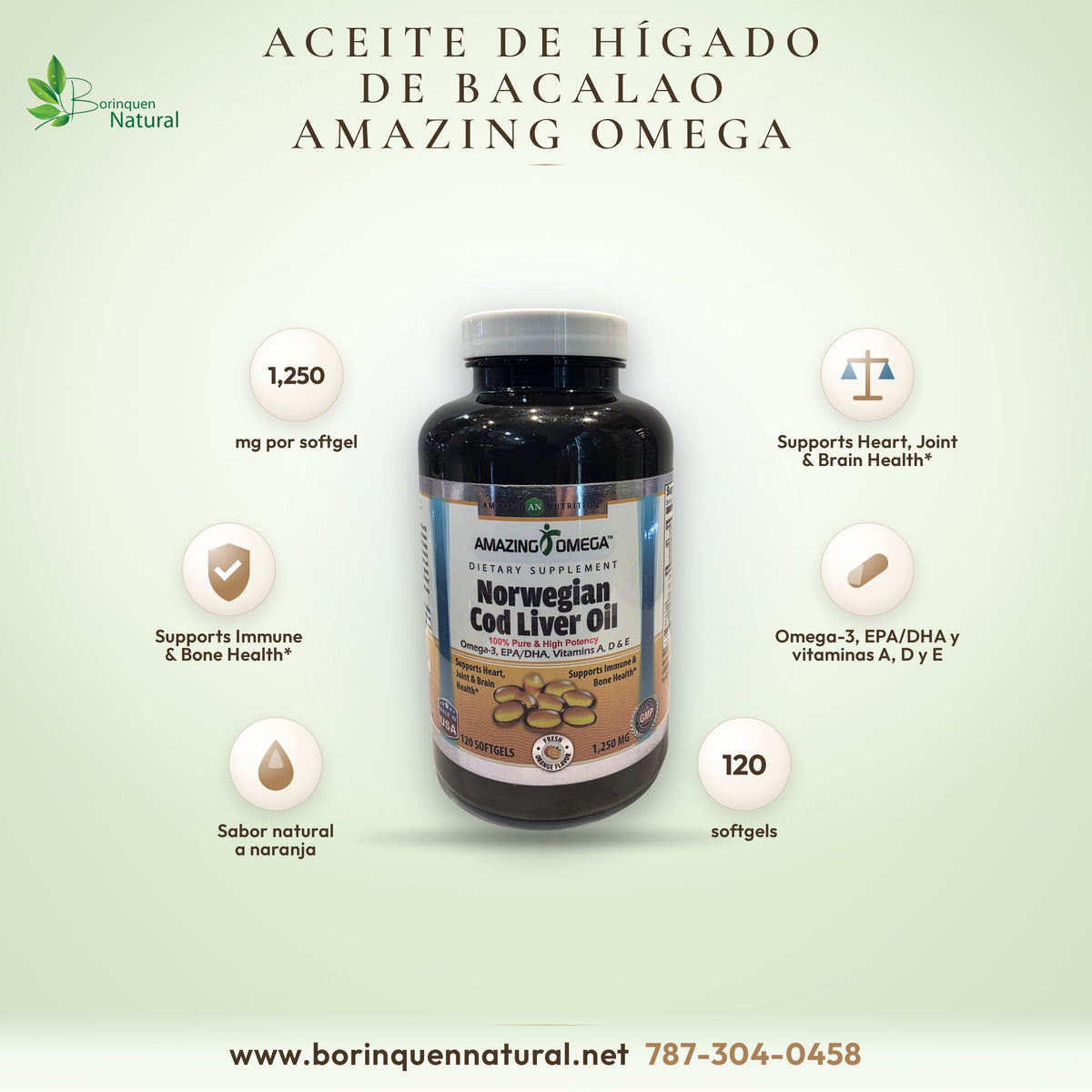 Aceite de hígado de bacalao noruego Amazing Omega, 1,250 mg, sabor naranja, 120 softgels