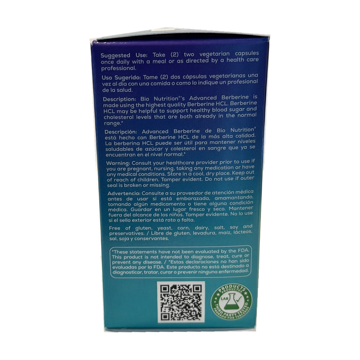 Berberina Bio Nutrition: uso sugerido, descripción, precauciones y aviso de la FDA en inglés y español.