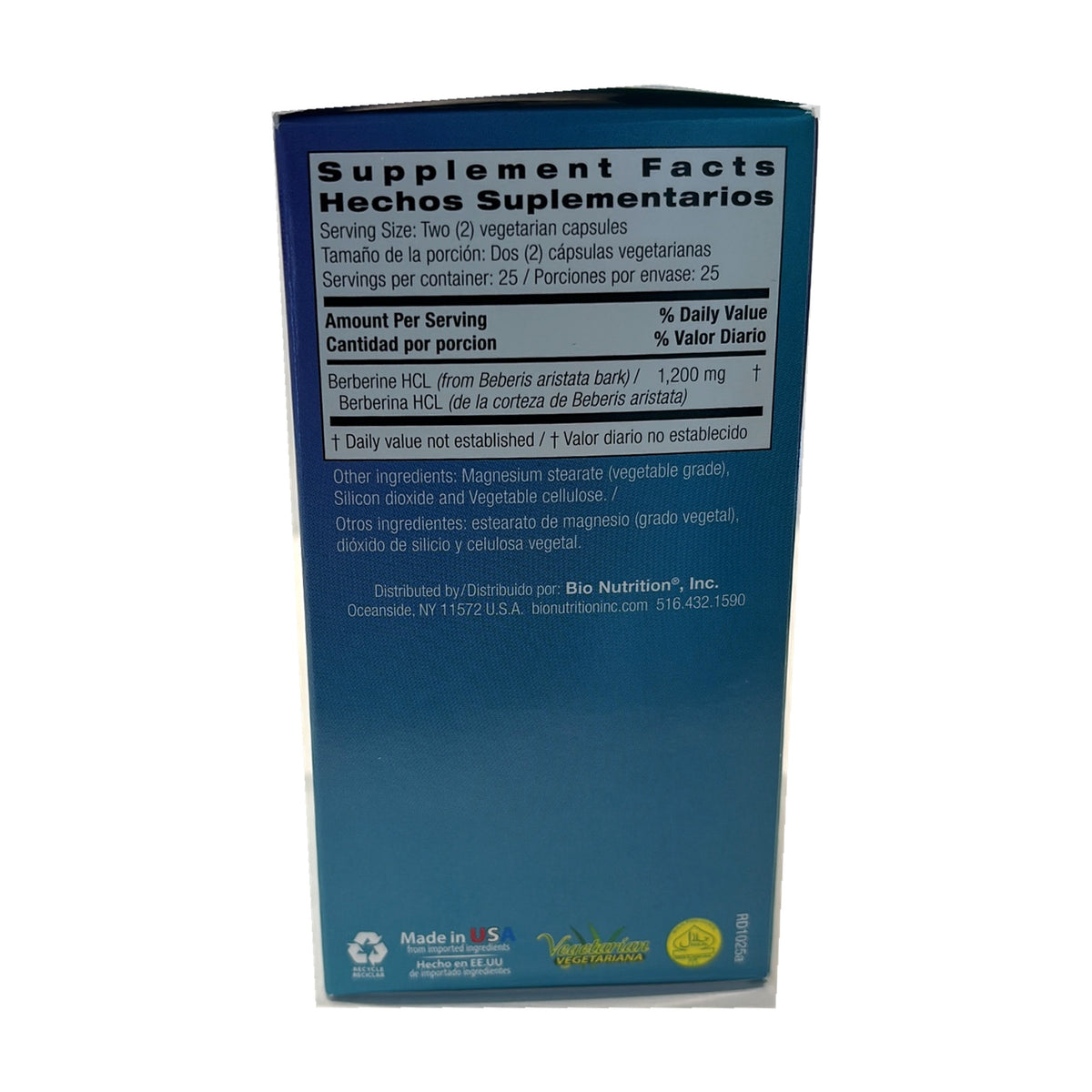 Berberina Bio Nutrition: 2 cápsulas por porción, 25 porciones y Berberina HCL 1,200 mg; otros ingredientes.