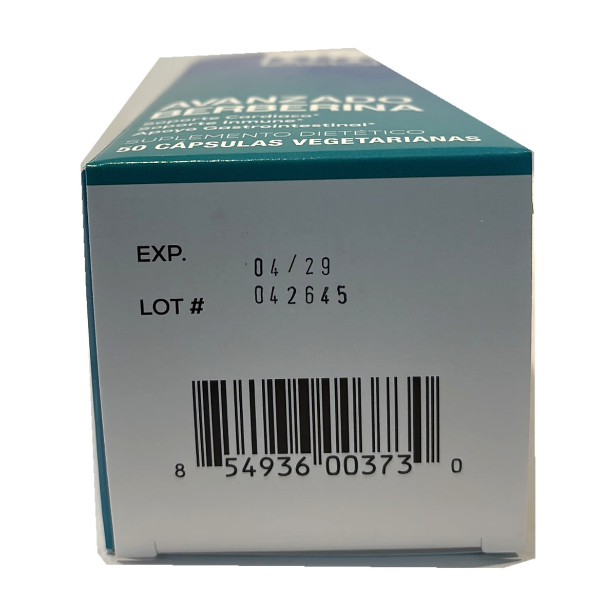 Berberina Bio Nutrition: base con UPC 854936003730, EXP. 04/29 y LOT # 042645.