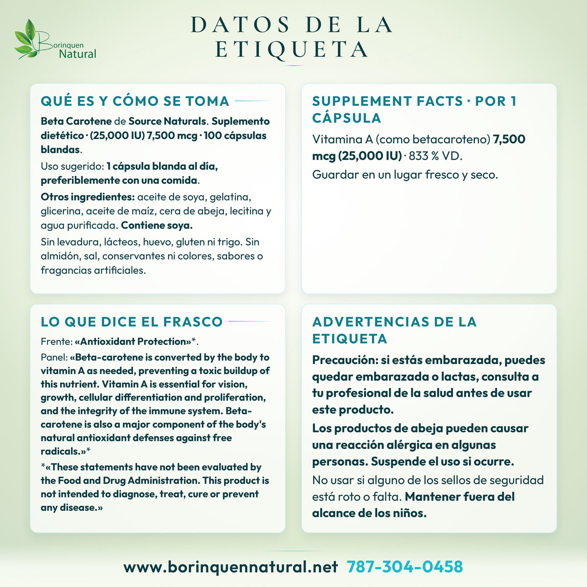 Datos de la etiqueta de Beta Carotene de Source Naturals: Supplement Facts, modo de uso, lo que dice el frasco y advertencias
