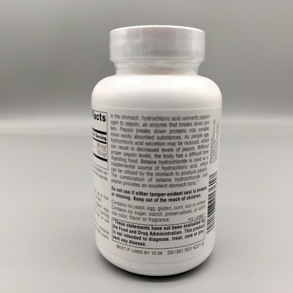 Betaína HCl 650 mg 90 Tabletas para Digestión de Proteínas de Source Naturals — vista posterior del envase