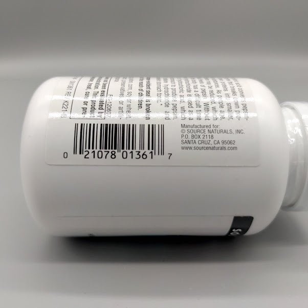 Betaína HCl 650 mg 90 Tabletas para Digestión de Proteínas de Source Naturals — vista lateral del envase