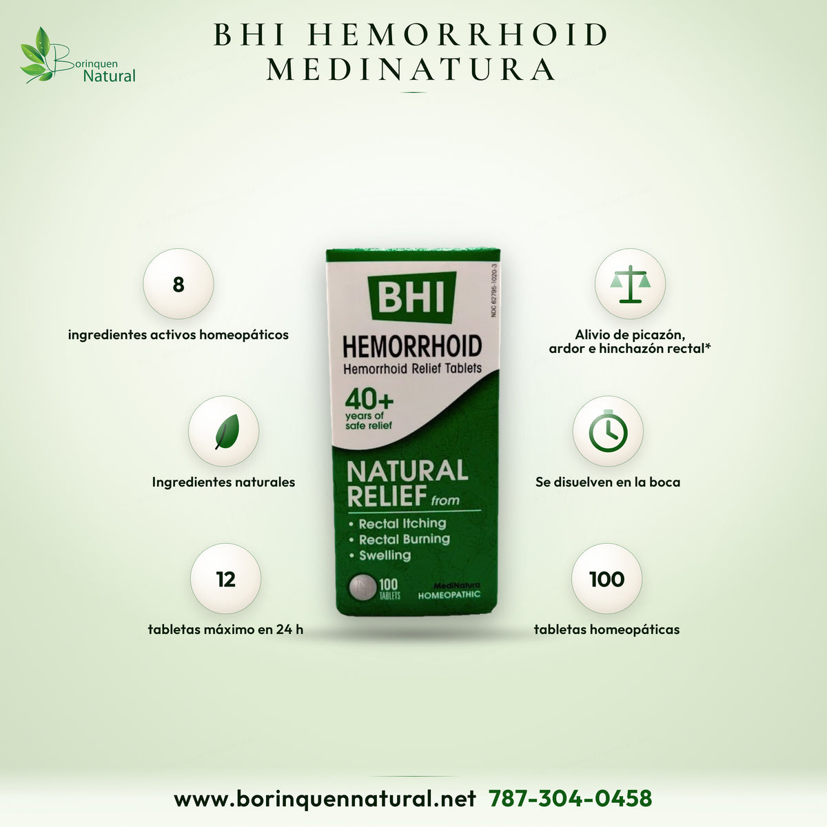 BHI Hemorrhoid de MediNatura, tabletas homeopáticas para el alivio de la picazón, el ardor y la hinchazón rectal, caja de 100 tabletas