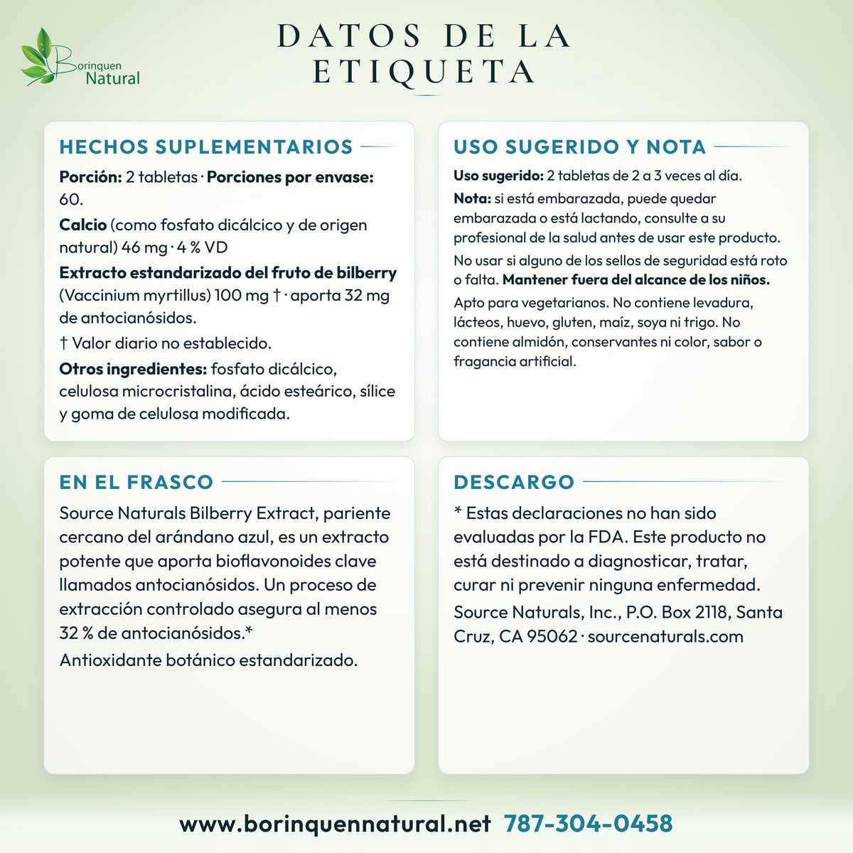Datos de la etiqueta del extracto de bilberry de Source Naturals: hechos suplementarios, uso y lo que dice el frasco
