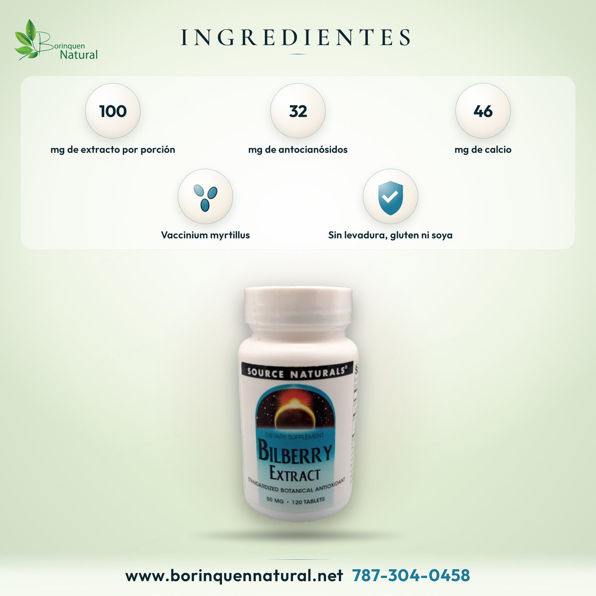 Ingredientes del extracto de bilberry de Source Naturals: extracto estandarizado de Vaccinium myrtillus y calcio
